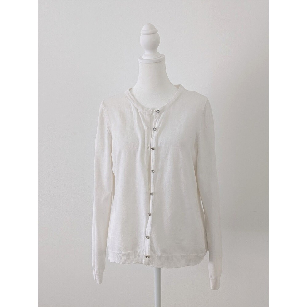 Carolyn Tayor Cardigan Sweater Women M White Classic Knit Crewneck Long Sleeves